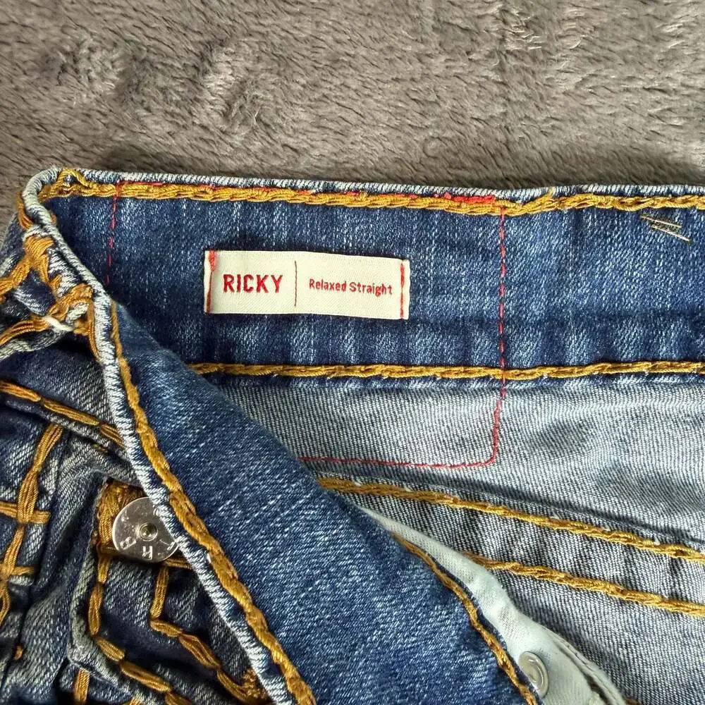 True Religion Mens Ricky Relaxed Straight Leg Super T 32x32 Blue Missing Button